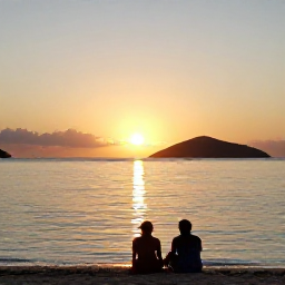 Caribbean Holidays, British Virgin Islands Wellness, Peaceful sunset over the British Virgin Islands with a couple sitting quietly on a beach, calm sea and silhouettes of nearby islands