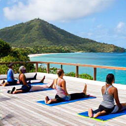 Caribbean Holidays, British Virgin Islands Wellness, Visitors taking a relaxed morning yoga class on a wooden deck overlooking lush hills and turquoise water in the British Virgin Islands