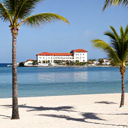 Caribbean Holidays, Business Class Caribbean, Beachfront arrival scene on Saint Martin with palm trees, white sand, calm blue sea and a stylish resort in the background