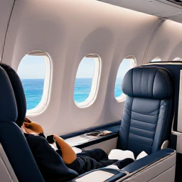 Caribbean Holidays, Business Class Caribbean, Business class passenger relaxing in a spacious aircraft seat above turquoise Caribbean waters, elegant travel photography