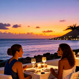 Caribbean Holidays, Business Class Caribbean, Couple enjoying a sunset dinner beside the Caribbean Sea on Saint Martin, softly lit restaurant terrace and colourful sky