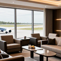 Caribbean Holidays, Business Class Caribbean, Elegant business class lounge with comfortable seating, refreshments and large windows overlooking an airport runway
