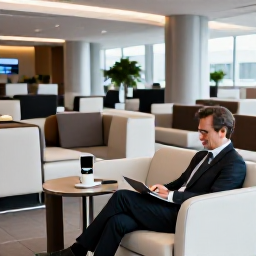 Caribbean Holidays, Business Class Holidays, Business class passenger relaxing in a spacious airport lounge before a Caribbean holiday