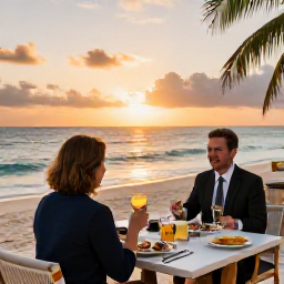 Caribbean Holidays, Business Class Holidays, Business class traveller dining at a Caribbean beachfront restaurant at sunset