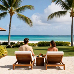 Caribbean Holidays, Business Class Holidays, Couple enjoying a stylish Caribbean resort with ocean views, comfortable loungers and tropical gardens
