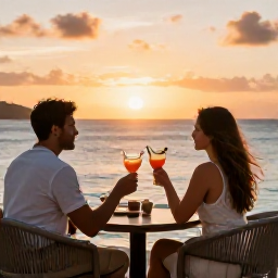 Caribbean Holidays, BVI Adults Only, Couple enjoying a sunset drink at a stylish adults-only resort overlooking the Caribbean Sea in the British Virgin Islands