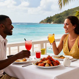 Caribbean Holidays, BVI Adults Only, Elegant Caribbean dinner with fresh seafood and cocktails at a waterfront restaurant in the British Virgin Islands