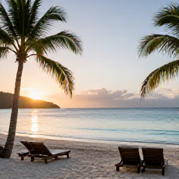 Caribbean Holidays, BVI Adults Only July, A peaceful adults-only beachfront resort in the British Virgin Islands at sunrise, with calm turquoise water, palm trees and comfortable sun loungers