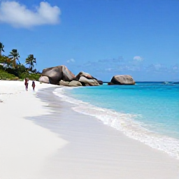 Caribbean Holidays, BVI Adults Only July, White sandy beach on Virgin Gorda in July, with clear blue water, smooth rocks, palm trees and a couple walking along the shoreline