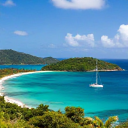Caribbean Holidays, BVI Adults Only, Sailing boat passing green Caribbean islands and hidden coves near Tortola in the British Virgin Islands on a sunny day