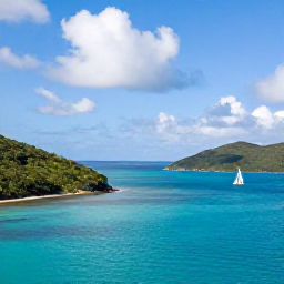 Caribbean Holidays, BVI Adventure Holidays, A bright April morning over the British Virgin Islands, showing turquoise water, green hills and a small sailing boat between the islands