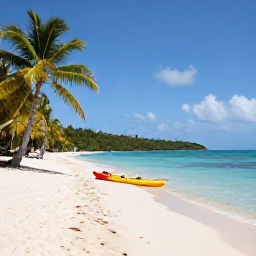 Caribbean Holidays, BVI Adventure Holidays, A relaxed beach scene on a British Virgin Islands island in April, with white sand, palm trees, calm turquoise water and a kayak near the shore
