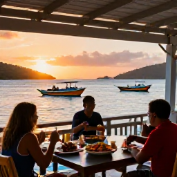 Caribbean Holidays, BVI Adventure Holidays, A relaxed waterfront restaurant in the British Virgin Islands at sunset, with fresh seafood, colourful boats and diners enjoying the view