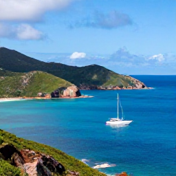 Caribbean Holidays, BVI Adventure Holidays, A small sailing yacht passing between green British Virgin Islands with rugged coastline and calm blue sea