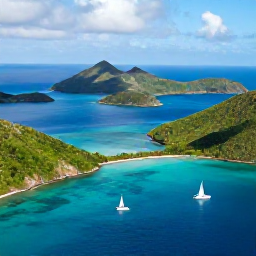 Caribbean Holidays, BVI Adventure Holidays, Aerial view of the British Virgin Islands in May, with turquoise sea, green volcanic hills and sailing boats between sheltered islands