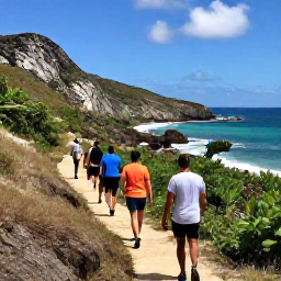 Caribbean Holidays, BVI Adventure Holidays, Hikers walking along a scenic coastal trail on Tortola, with rocky hills, tropical vegetation and views across the Caribbean Sea