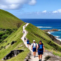 Caribbean Holidays, BVI Adventure Holidays, Hikers walking along a scenic trail on Tortola, with green hills, rocky coastline and wide Caribbean views