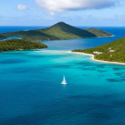 Caribbean Holidays, BVI August Tours, A bright aerial view of the British Virgin Islands in August, showing turquoise water, green islands and a sailing boat between sheltered bays