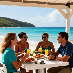 Caribbean Holidays, BVI August Tours, A friendly outdoor restaurant on a Caribbean beach in the British Virgin Islands, with fresh seafood, colourful drinks and guests enjoying an August afternoon