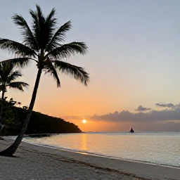 Caribbean Holidays, BVI August Tours, A peaceful sunset over a British Virgin Islands beach, with palm trees, calm sea and a small sailing boat on the horizon