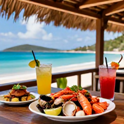 Caribbean Holidays, BVI Beach Holidays, A colourful Caribbean beach bar serving fresh seafood and tropical drinks near a sandy beach in the British Virgin Islands