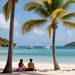 Caribbean Holidays, BVI Beach Holidays, A couple relaxing beneath palm trees beside calm blue water at Cane Garden Bay, Tortola, with small boats offshore