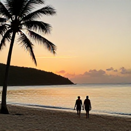 Caribbean Holidays, BVI Beach Holidays, A couple walking along a peaceful British Virgin Islands beach at sunset, with calm sea, palm silhouettes and warm evening light