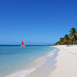 Caribbean Holidays, BVI Beach Holidays, A relaxed tropical beach in the British Virgin Islands in October, with calm turquoise water, white sand, palm trees and a small sailing boat offshore