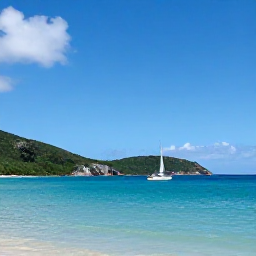 Caribbean Holidays, BVI Beach Holidays, A small sailing boat cruising between green Caribbean islands under a bright blue sky in the British Virgin Islands