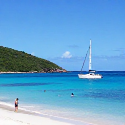 Caribbean Holidays, BVI Beach Holidays, A small sailing yacht cruising between green British Virgin Islands, with snorkellers near a sheltered bay and bright blue Caribbean sea