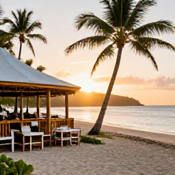 Caribbean Holidays, BVI Beach Holidays, An outdoor Caribbean restaurant serving fresh seafood beside a palm-fringed beach in the British Virgin Islands at sunset