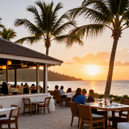 Caribbean Holidays, BVI Beach Holidays, Outdoor restaurant beside a British Virgin Islands beach at sunset, relaxed diners, palm trees and warm evening light
