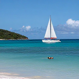 Caribbean Holidays, BVI Beach Holidays, Sailing boat passing green British Virgin Islands, snorkeller in clear water, sunny February day and dramatic tropical coastline