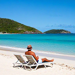 Caribbean Holidays, BVI Beach Holidays, Traveller relaxing on a quiet British Virgin Islands beach, turquoise water, sun loungers, tropical hills and clear February sunshine