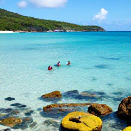 Caribbean Holidays, BVI Beach Holidays, Visitors swimming and snorkelling in clear shallow water beside a quiet British Virgin Islands beach, with colourful fish, rocks and green hills in the background