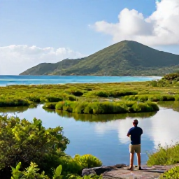 Caribbean Holidays, BVI Birdwatching, Birdwatcher overlooking a quiet coastal wetland and green hills on Tortola in the British Virgin Islands during a bright March morning