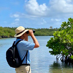 Caribbean Holidays, BVI Birdwatching, Birdwatcher using binoculars beside a mangrove lagoon in the British Virgin Islands