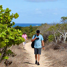 Caribbean Holidays, BVI Birdwatching, Birdwatching guide with binoculars walking through dry woodland on Tortola, with the Caribbean Sea visible beyond