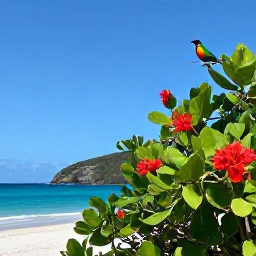 Caribbean Holidays, BVI Birdwatching, Colourful Caribbean birds perched among flowering shrubs beside a sandy beach on a sunny British Virgin Islands island