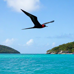 Caribbean Holidays, BVI Birdwatching, Magnificent frigatebird soaring above turquoise water and green islands in the British Virgin Islands