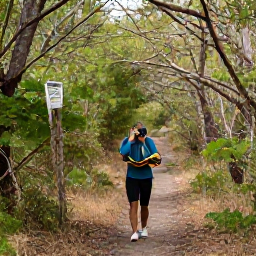 Caribbean Holidays, BVI Birdwatching, Quiet island trail through dry woodland with binoculars and a field guide in the British Virgin Islands
