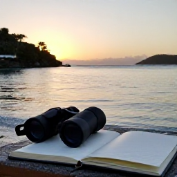 Caribbean Holidays, BVI Birdwatching, Relaxed travellers birdwatching beside a calm Caribbean bay at sunrise, with binoculars and a field notebook