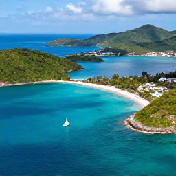 Caribbean Holidays, BVI Business Class, Aerial view of the British Virgin Islands in September, turquoise sea, green hills, sailing boats and small sandy beaches