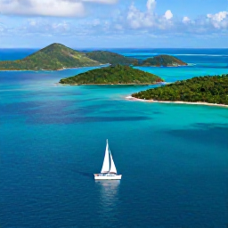 Caribbean Holidays, BVI Business Class, Aerial view of the British Virgin Islands with turquoise water, green islands and a sailing yacht in June sunshine