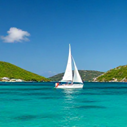 Caribbean Holidays, BVI Business Class, Bright turquoise sea, sailing boat and green island hills around Tortola in the British Virgin Islands in May