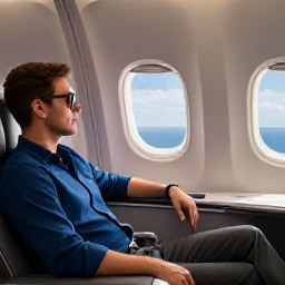 Caribbean Holidays, BVI Business Class, Business class traveller relaxing in a premium aeroplane cabin on a flight towards the sunny British Virgin Islands