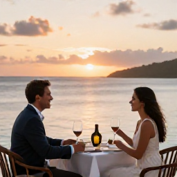Caribbean Holidays, BVI Business Class, Couple enjoying a refined Caribbean dinner beside the sea on Tortola at sunset