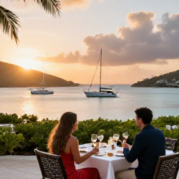 Caribbean Holidays, BVI Business Class, Elegant beachfront resort in the British Virgin Islands at sunset with a couple dining outdoors and yachts in the bay