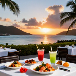 Caribbean Holidays, BVI Business Class, Elegant Caribbean restaurant terrace in the British Virgin Islands at sunset, fresh seafood, tropical drinks and harbour views