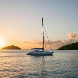 Caribbean Holidays, BVI Business Class, Elegant sailing yacht anchored in a calm British Virgin Islands bay at sunset with small green islands in the background